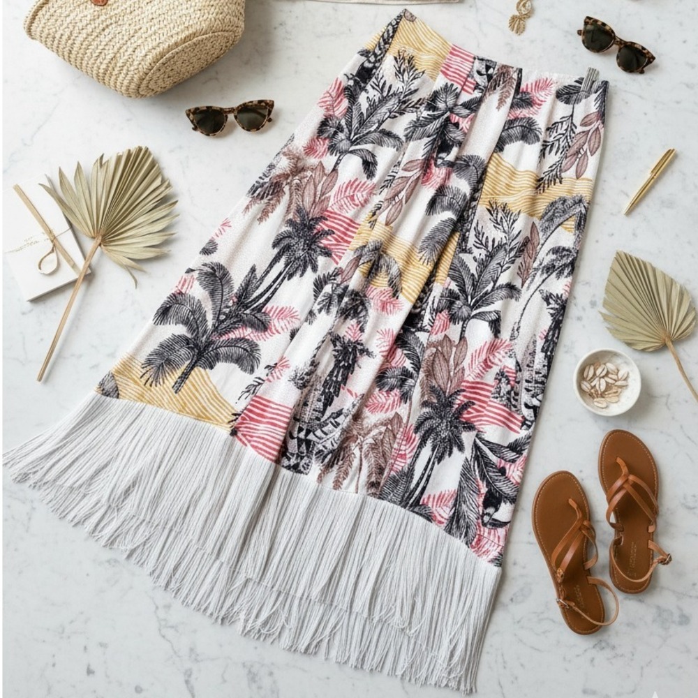 Attitudes by Renee Maxi Skirt XL Tropical Palm Print Beige Fringe Trim Boho